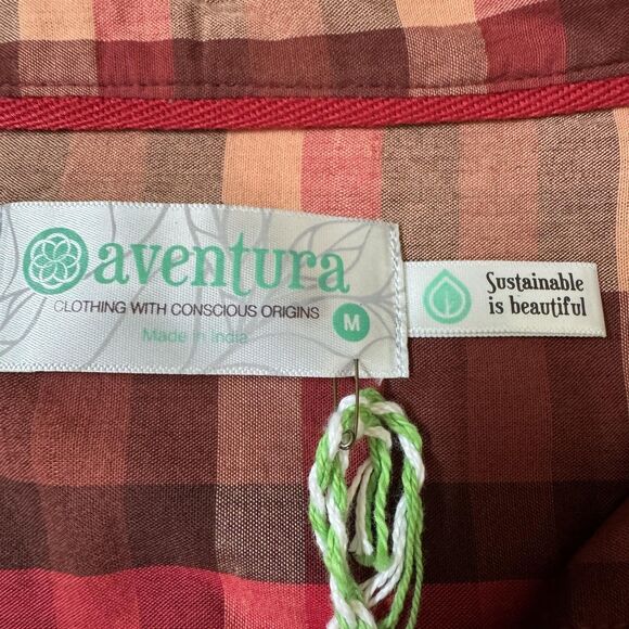 Aventura Shirt Womens Medium Red Plaid Artisan Top Organic Cotton Embroidered - Picture 3 of 11